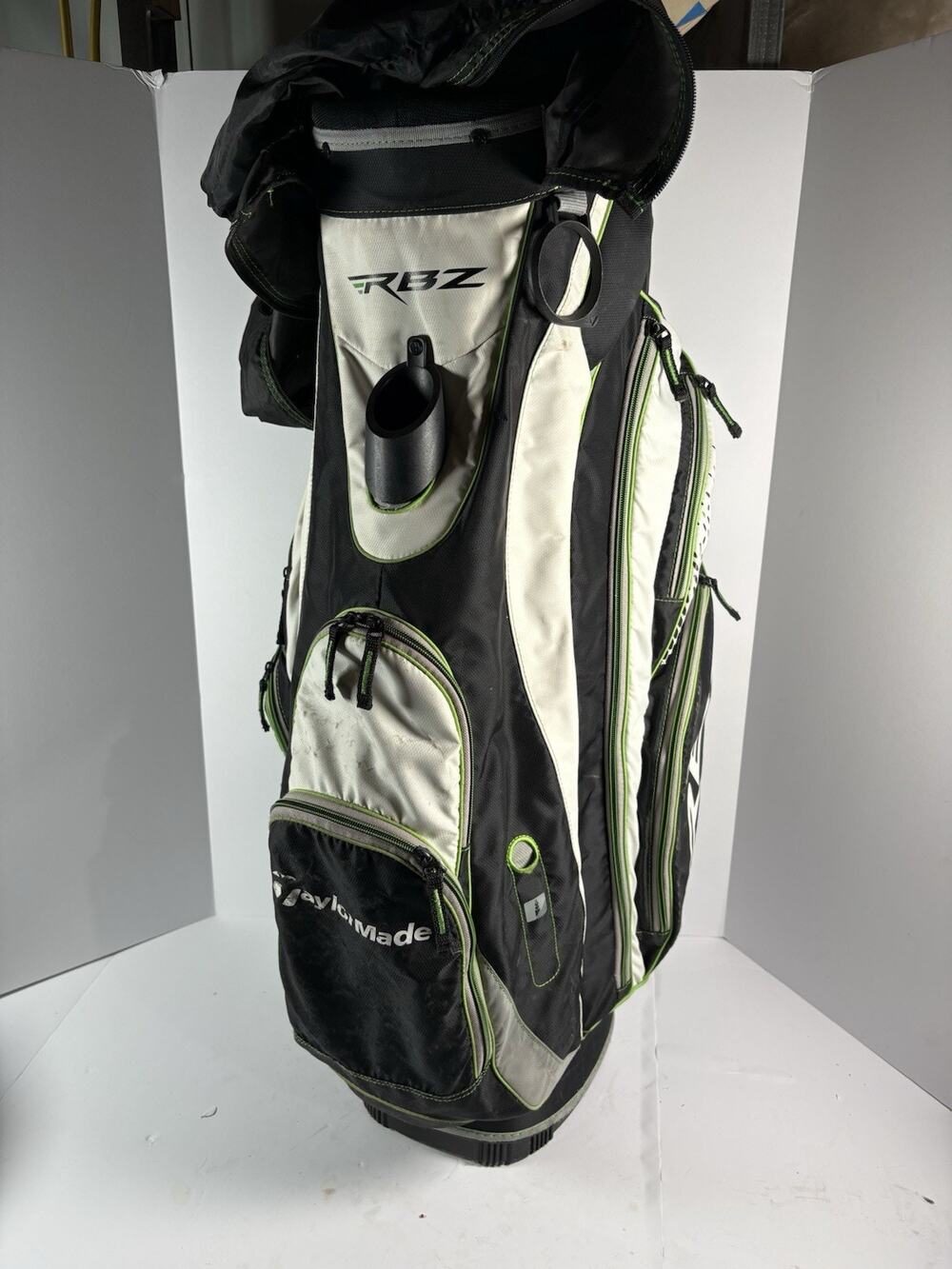 TaylorMade RBZ RocketBallz 14 Way Cart Golf Bag Black White Green Rain Hood
